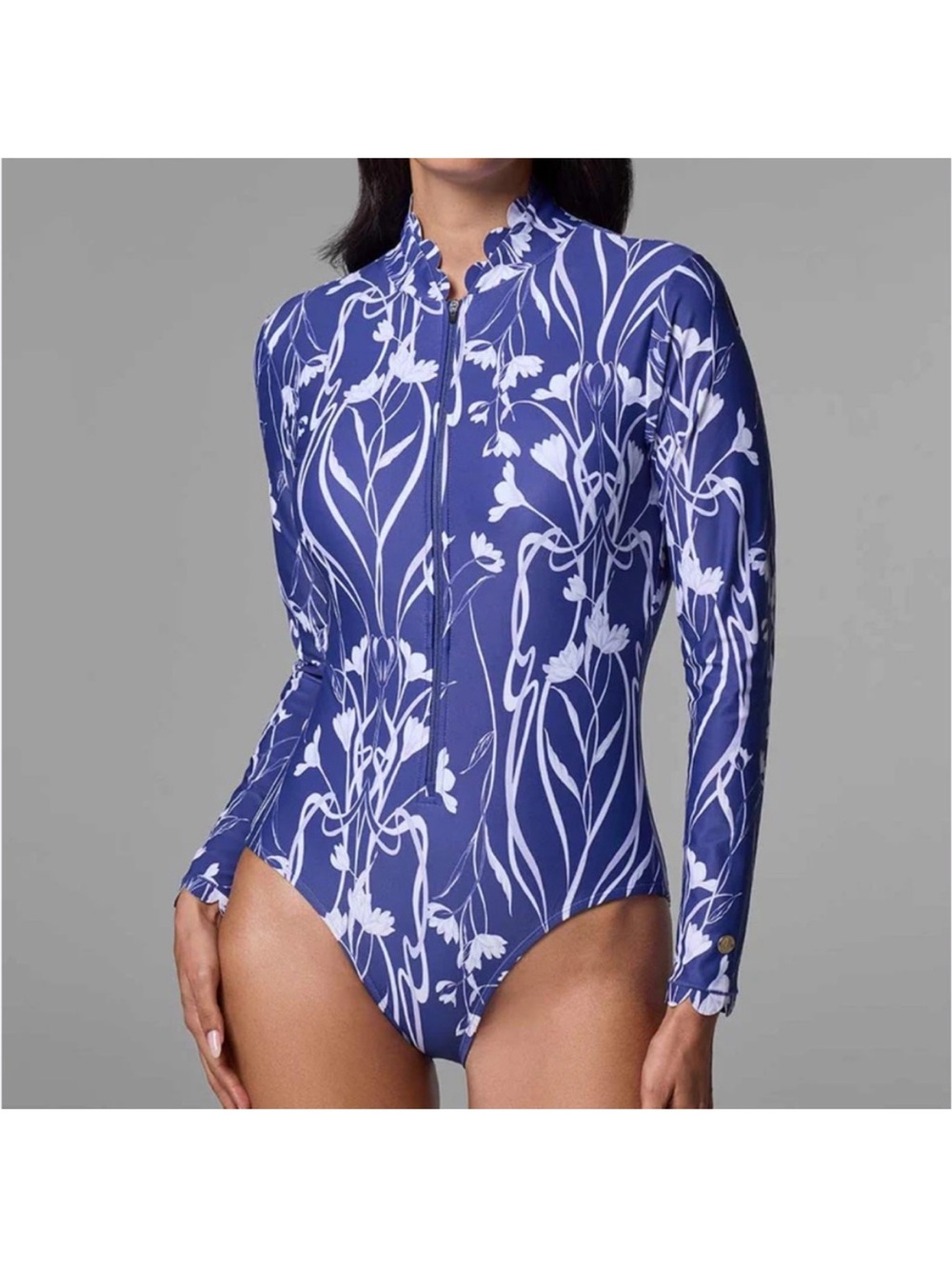 Coolibar UPF50+ Scallop Swimsuit Long Sleeves Quarter Zipper High Neck